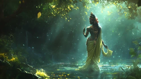Divine figure in green robes standing in luminous forest pool.
