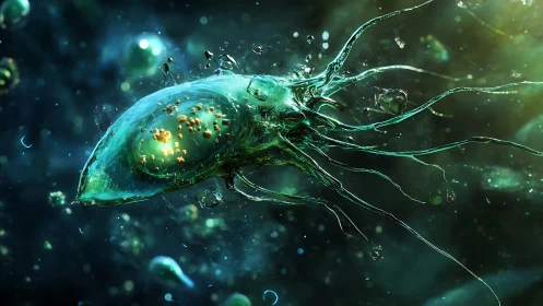 Microscopic translucent organism with trailing filaments in fluid.