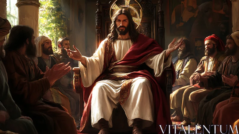 Seated central figure with followers in interior gathering.