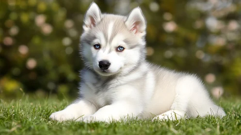 Garden-cloud husky pup lounging under soft spring light.