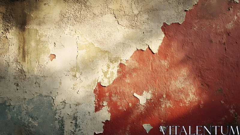 Weathered wall with peeling paint and textured surface in sunlight.