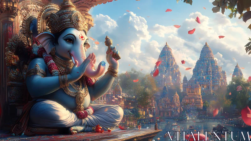 Elephant-headed deity sits before detailed riverside temples