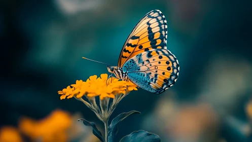 Luminous butterfly poised on marigold bloom in rich bokeh field.