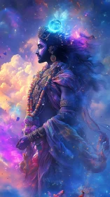 Cosmic deity strides through nebulae in radiant violet storm