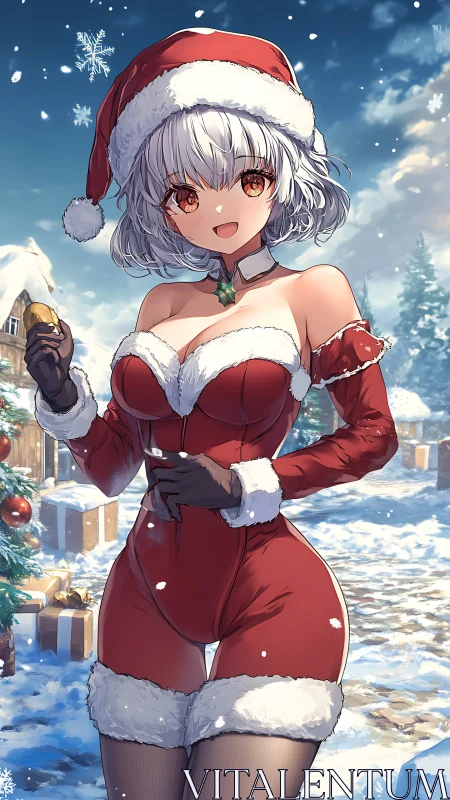 Anime woman in red Santa outfit in snowy village street.