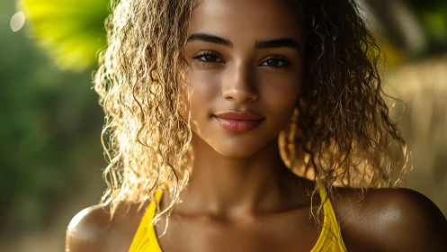 Sunlit beach portrait of a relaxed, confident young woman.