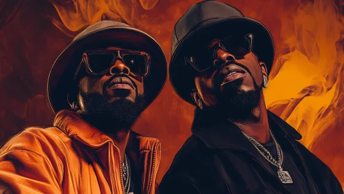 Hip hop duo in stylized portrait with warm backdrop.