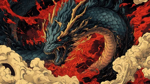Serpentine dragon form amid red flames and pale smoke.