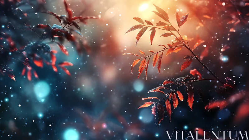 Red foliage with backlight and particles in shallow focus.