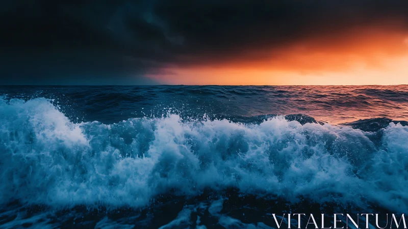Dark stormy ocean waves under vivid sunset sky.