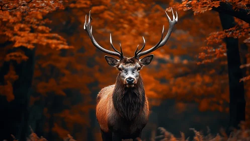Majestic autumn stag stands calmly amid glowing orange woods