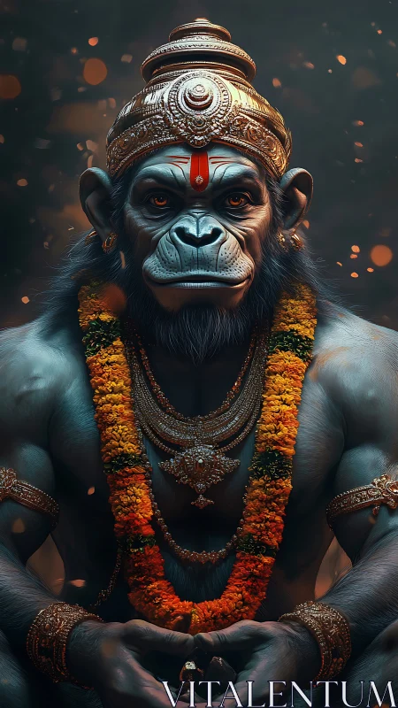 Divine simian warrior sits in sacred calm amid glowing embers