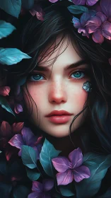 Dreamy forest girl surrounded by glowing twilight blooms.