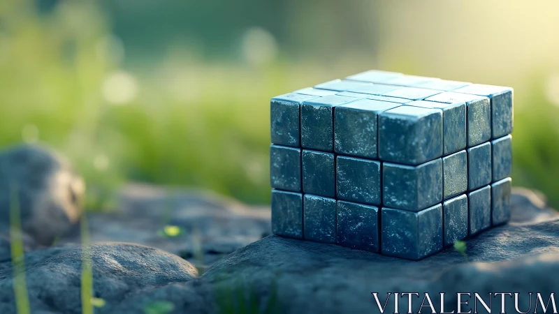 Metallic cube puzzle on stone in soft green landscape.