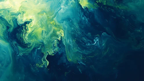 Turbulent teal and lime fluid dynamics rendered as swirling vortex