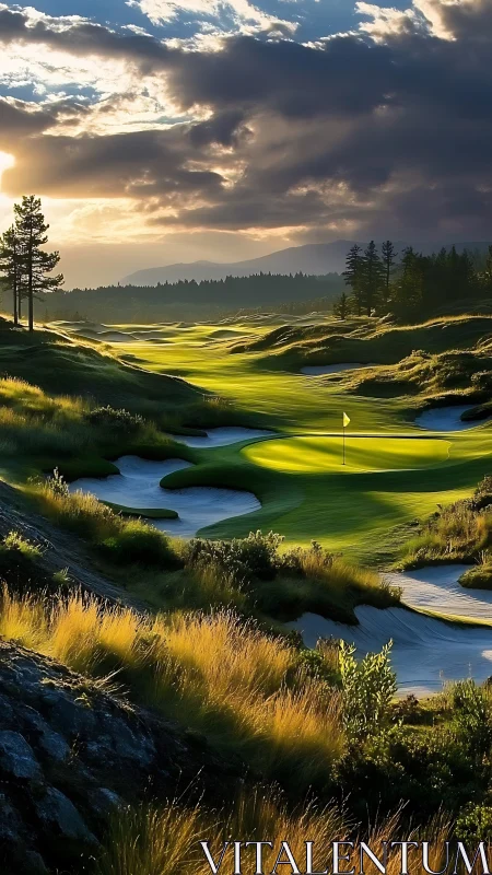 Golden hour serenity over a sunlit mountain golf course.