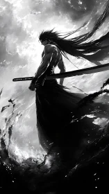 Monochrome anime swordsman in high-contrast dynamic silhouette.