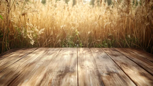 Sunlit wooden deck borders golden summer wheat field.