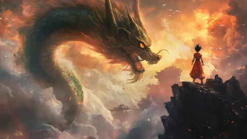 Warrior confronts colossal dragon in fiery sky landscape.