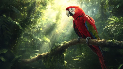 Scarlet macaw on branch in dense tropical rainforest light.
