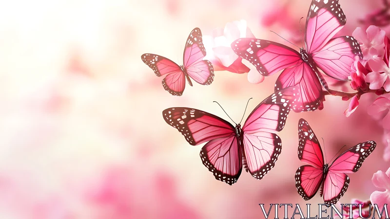 Pink butterflies over soft blossom bokeh background.