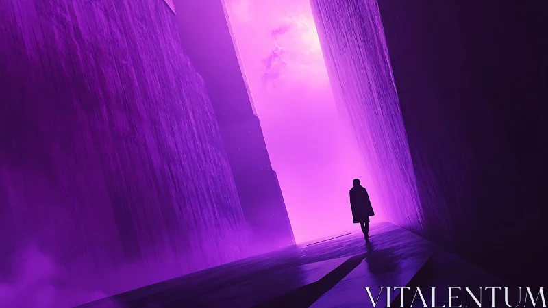 Lone figure in magenta-illuminated monolithic corridor void