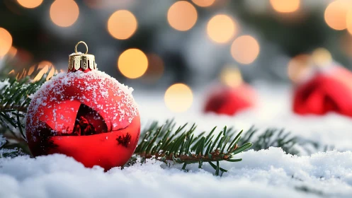 Red Christmas bauble rests in snow under warm bokeh lights.