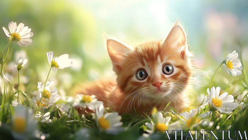 Orange kitten surrounded by white daisies in sunlit meadow.