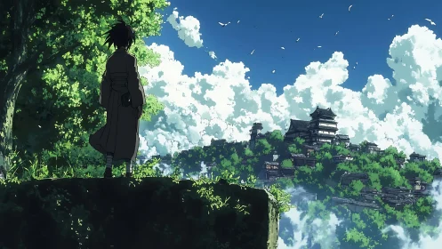 Lone traveler watching distant hilltop fortress city.