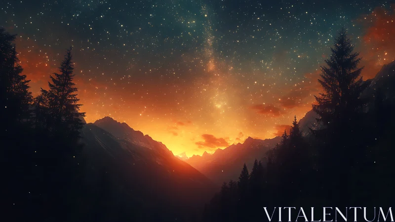 Golden mountain sunset under a dreamy starlit sky.