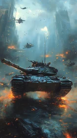 Main battle tank in ruined city under heavy air assault.