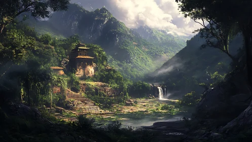 Ancient stepped temple stands in dense jungle valley landscape