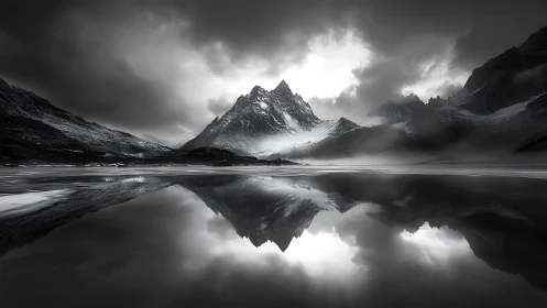 Monochrome alpine peaks mirror on still glacial lake surface.