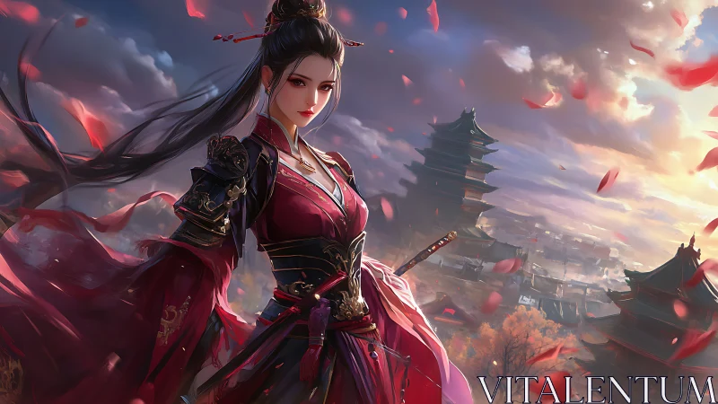 Warrior empress in crimson armor before ancient pagodas.