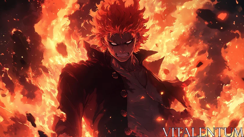Fire-wreathed anime warrior emerging through roaring flames.