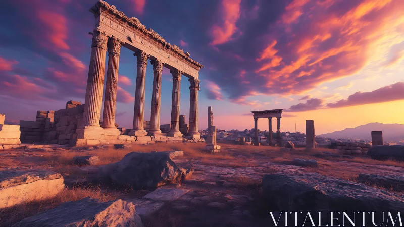 Ruined classical colonnade under dense sunset cloud cover.