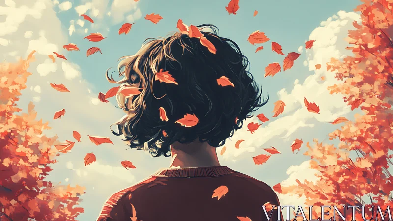 Backlit autumn figure with dynamic foliage turbulence field.