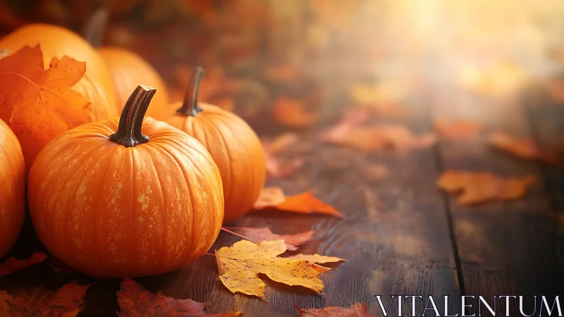 Pumpkins rest on rustic wood amid glowing autumn leaves.