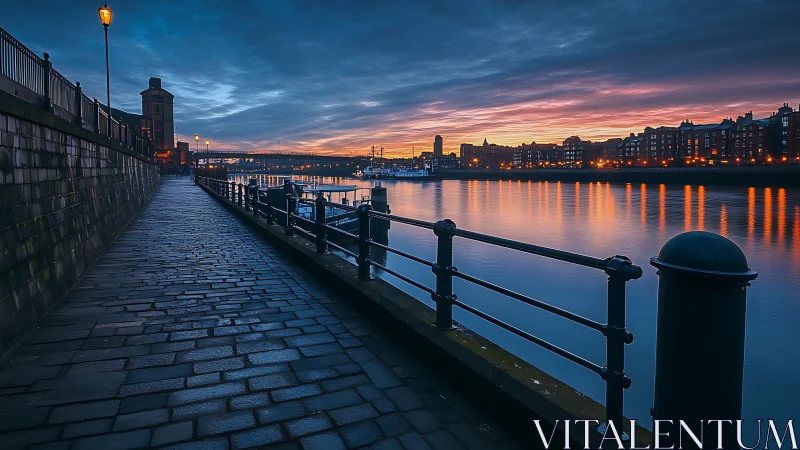 Riverside promenade glows beneath a brooding cobalt dawn.