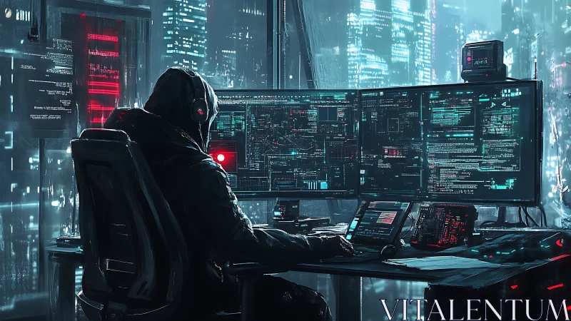 Lone cyberpunk hacker monitors neon citywide network grids.