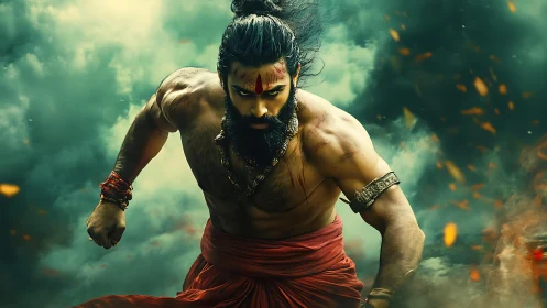 Warrior ascends through ember‑lit smoke in dynamic charge.