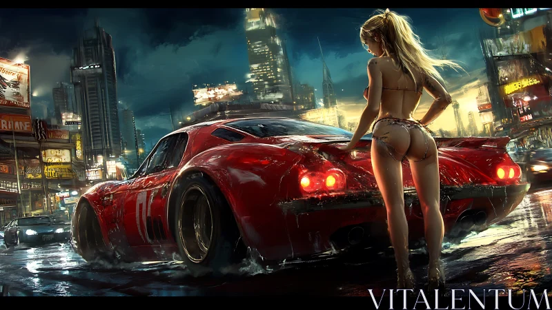 Neon-soaked red supercar and bikini figure in rainy city.