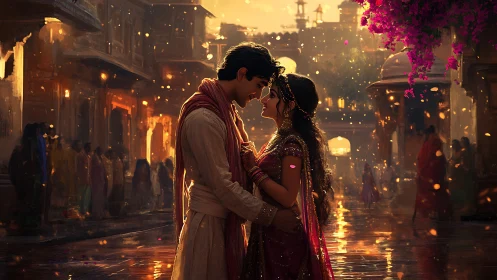 Bollywood Romance: Golden Hour Embrace in Ornate Urban Square