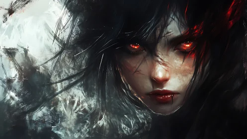 Digital portrait of red-eyed figure with dark hair focus.