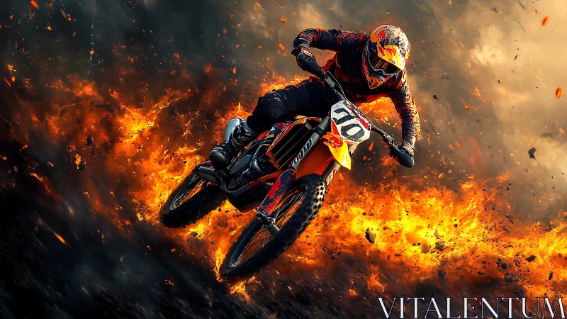 Motocross rider accelerates through cinematic firestorm environment