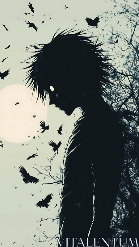 Silhouetted figure with crows against full moon at dusk.