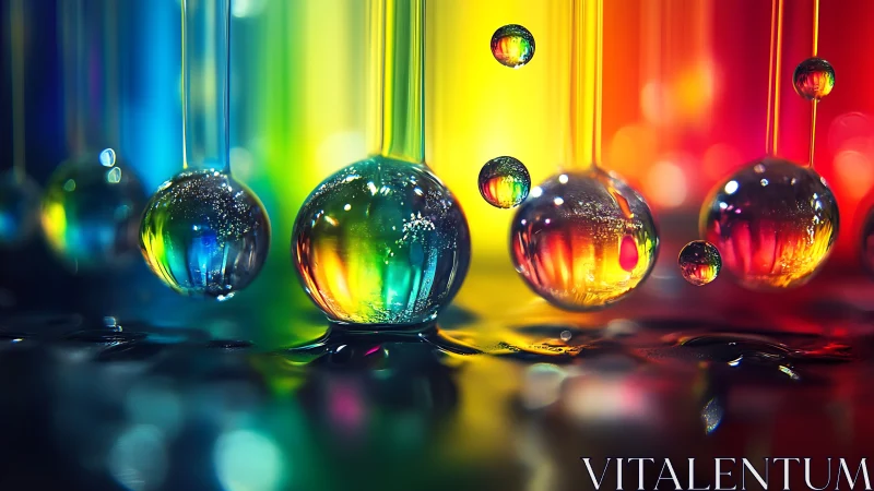 Photorealistic macro of suspended iridescent liquid orbs.