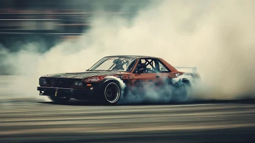 Drift car sliding sideways in dense tire smoke cloud.