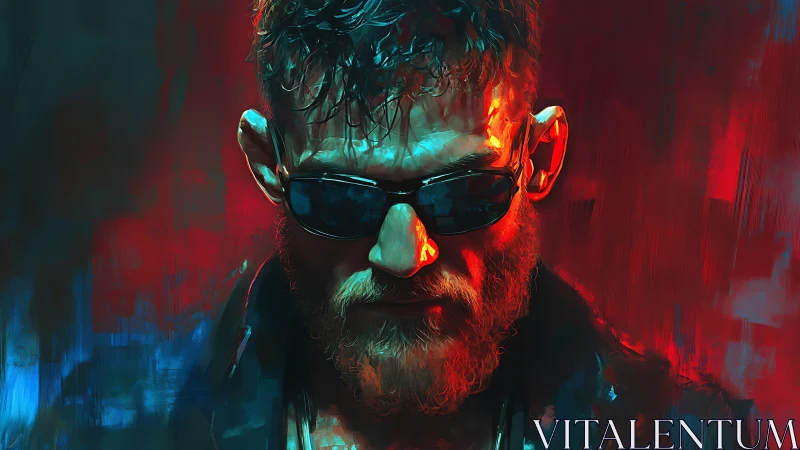 Bearded cyberpunk enforcer under neon red blue glow.