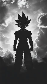 Silhouetted spiky-haired figure before backlit storm clouds.